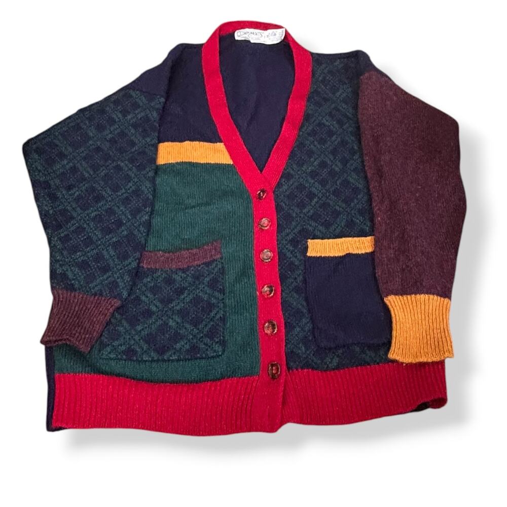 Vintage Wool Cardigan Colorblock Grandmacore Preppy Academia Cozy Button Front
